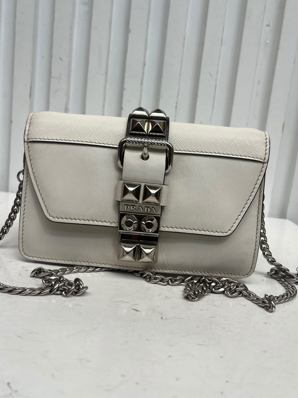 Prada Cream Leather Stud-Embellished Crossbody Bag